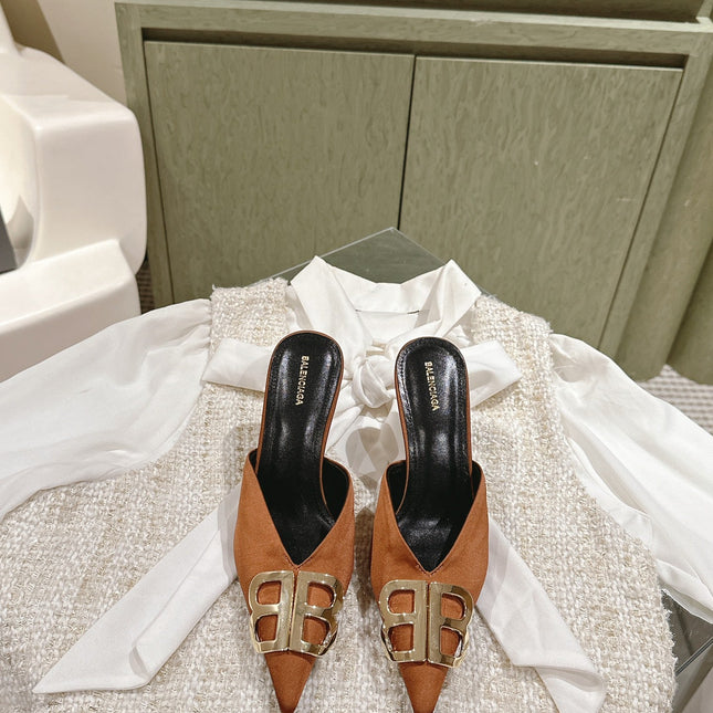 POINTED BB GOLD BUCKLE HIGH MULES IN BROWN RUST SILK