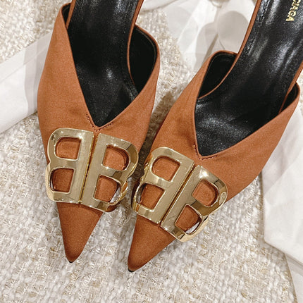 POINTED BB GOLD BUCKLE HIGH MULES IN BROWN RUST SILK