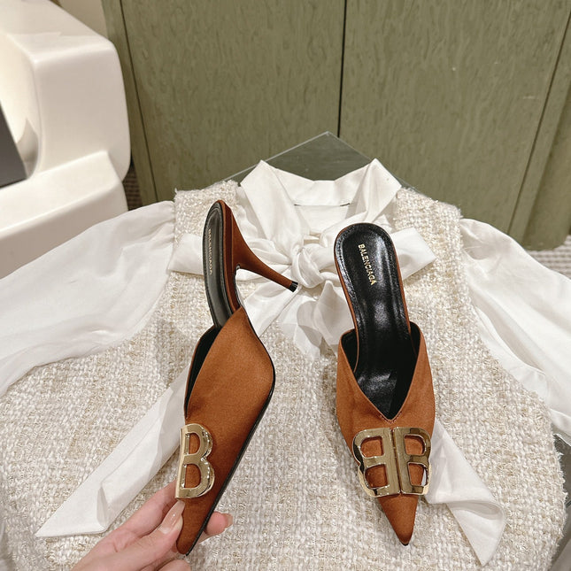 POINTED BB GOLD BUCKLE HIGH MULES IN BROWN RUST SILK