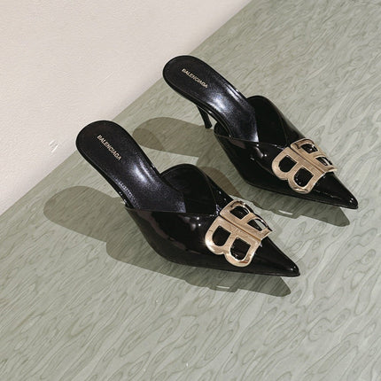 POINTED BB GOLD BUCKLE HIGH MULES IN BLACK PATENT CALFSKIN