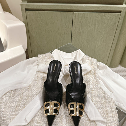 POINTED BB GOLD BUCKLE HIGH MULES IN BLACK PATENT CALFSKIN