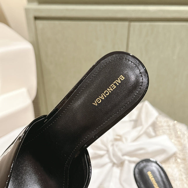 POINTED BB GOLD BUCKLE HIGH MULES IN BLACK PATENT CALFSKIN