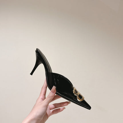 POINTED BB GOLD BUCKLE HIGH MULES IN BLACK PATENT CALFSKIN