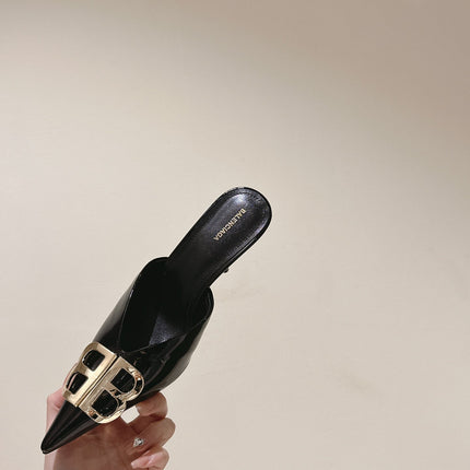 POINTED BB GOLD BUCKLE HIGH MULES IN BLACK PATENT CALFSKIN