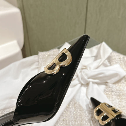 POINTED BB GOLD BUCKLE HIGH MULES IN BLACK PATENT CALFSKIN