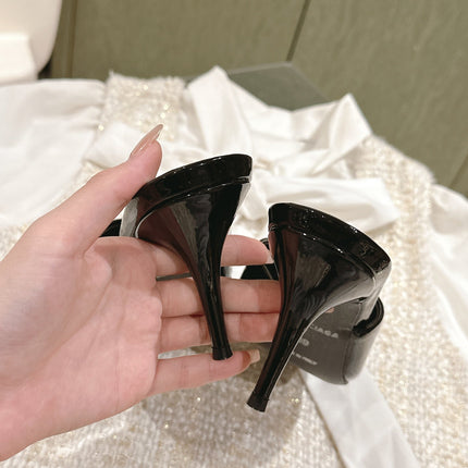 POINTED BB GOLD BUCKLE HIGH MULES IN BLACK PATENT CALFSKIN