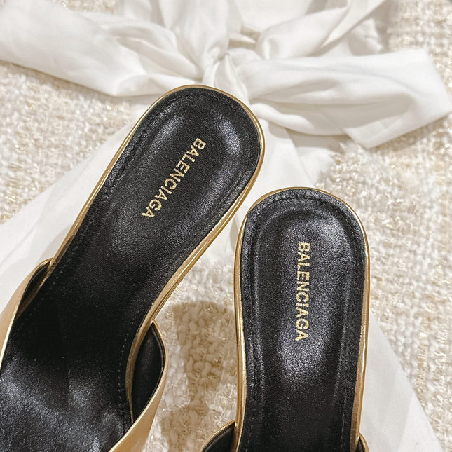 POINTED BB GOLD BUCKLE HIGH MULES IN GOLD METALLIC CALFSKIN