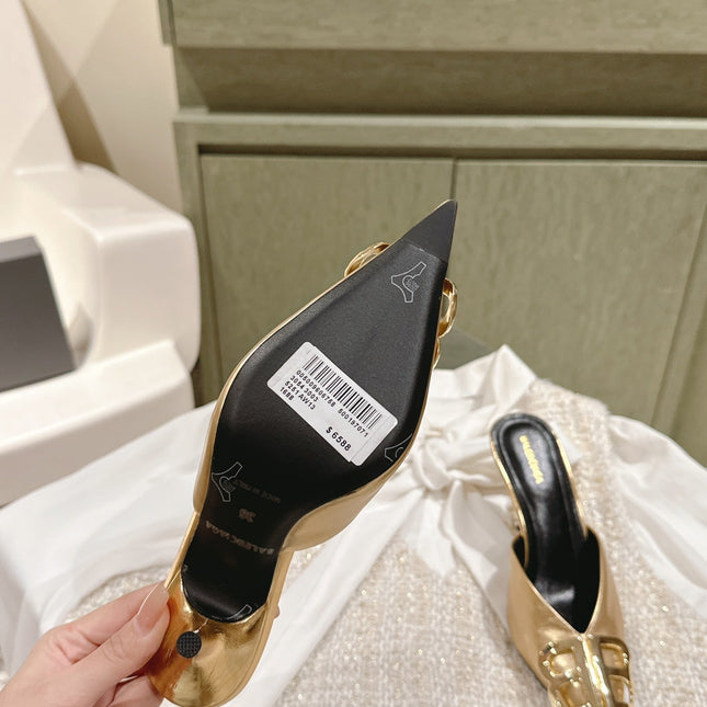 POINTED BB GOLD BUCKLE HIGH MULES IN GOLD METALLIC CALFSKIN