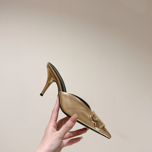 POINTED BB GOLD BUCKLE HIGH MULES IN GOLD METALLIC CALFSKIN