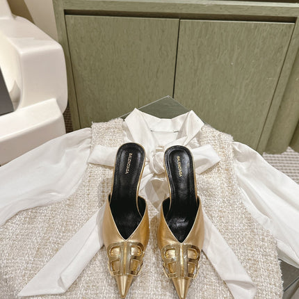 POINTED BB GOLD BUCKLE HIGH MULES IN GOLD METALLIC CALFSKIN