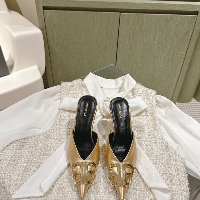 POINTED BB GOLD BUCKLE HIGH MULES IN GOLD METALLIC CALFSKIN