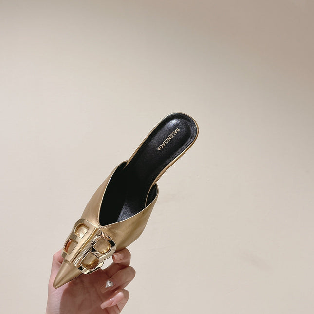 POINTED BB GOLD BUCKLE HIGH MULES IN GOLD METALLIC CALFSKIN