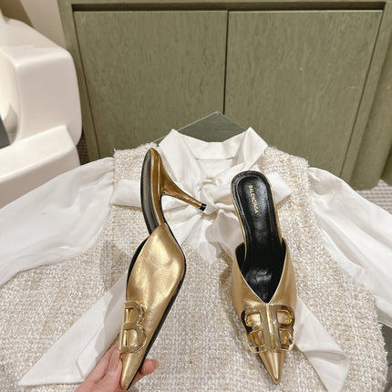 POINTED BB GOLD BUCKLE HIGH MULES IN GOLD METALLIC CALFSKIN