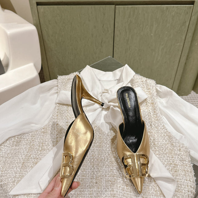 POINTED BB GOLD BUCKLE HIGH MULES IN GOLD METALLIC CALFSKIN