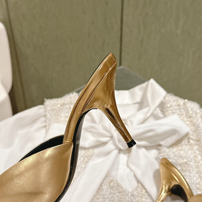 POINTED BB GOLD BUCKLE HIGH MULES IN GOLD METALLIC CALFSKIN