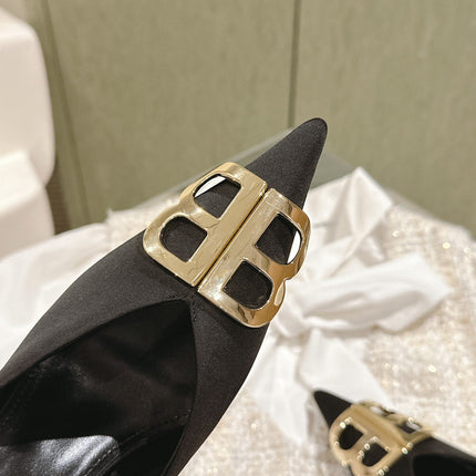 POINTED BB GOLD BUCKLE HIGH MULES IN BLACK SILK