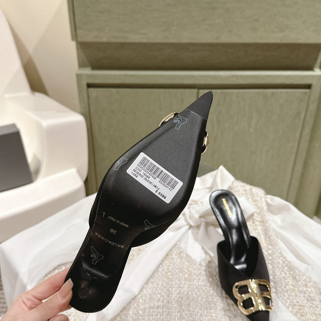 POINTED BB GOLD BUCKLE HIGH MULES IN BLACK SILK