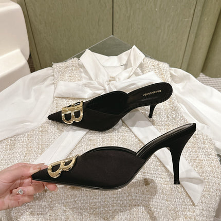 POINTED BB GOLD BUCKLE HIGH MULES IN BLACK SILK