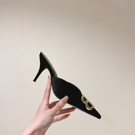 POINTED BB GOLD BUCKLE HIGH MULES IN BLACK SILK