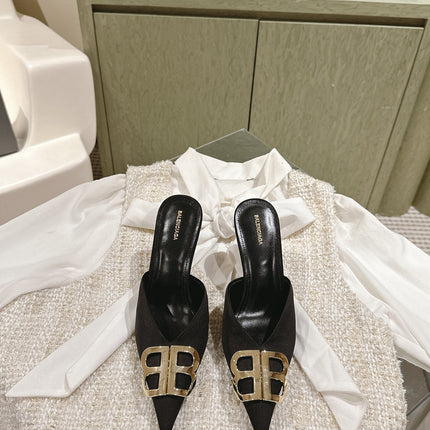 POINTED BB GOLD BUCKLE HIGH MULES IN BLACK SILK