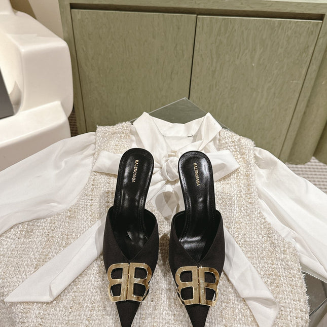 POINTED BB GOLD BUCKLE HIGH MULES IN BLACK SILK