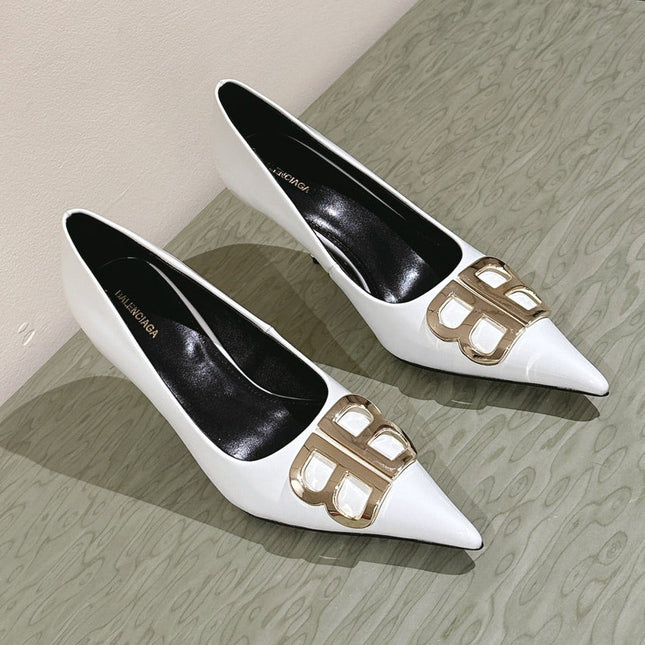 POINTED BB GOLD BUCKLE HIGH PUMPS 85MM IN WHITE PATENT CALFSKIN