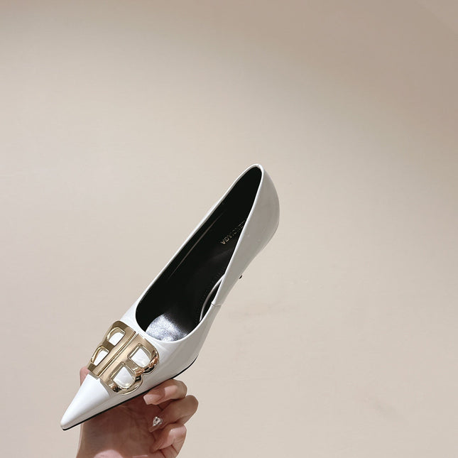 POINTED BB GOLD BUCKLE HIGH PUMPS 85MM IN WHITE PATENT CALFSKIN