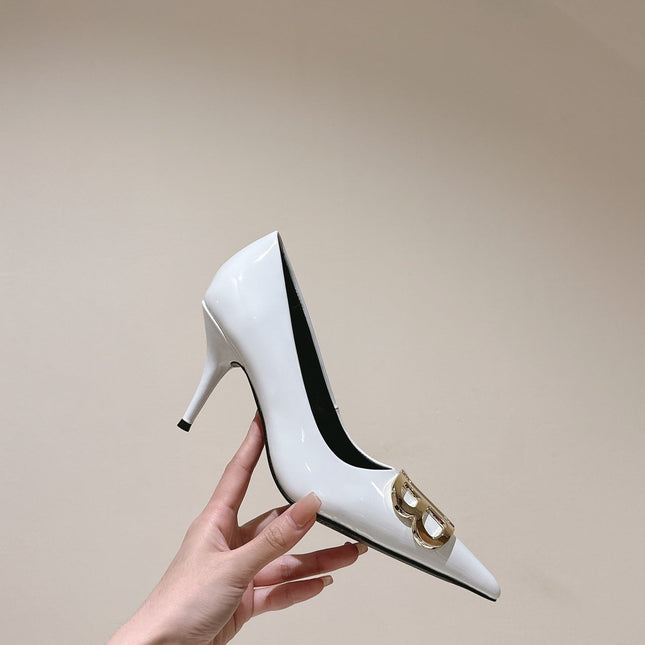 POINTED BB GOLD BUCKLE HIGH PUMPS 85MM IN WHITE PATENT CALFSKIN