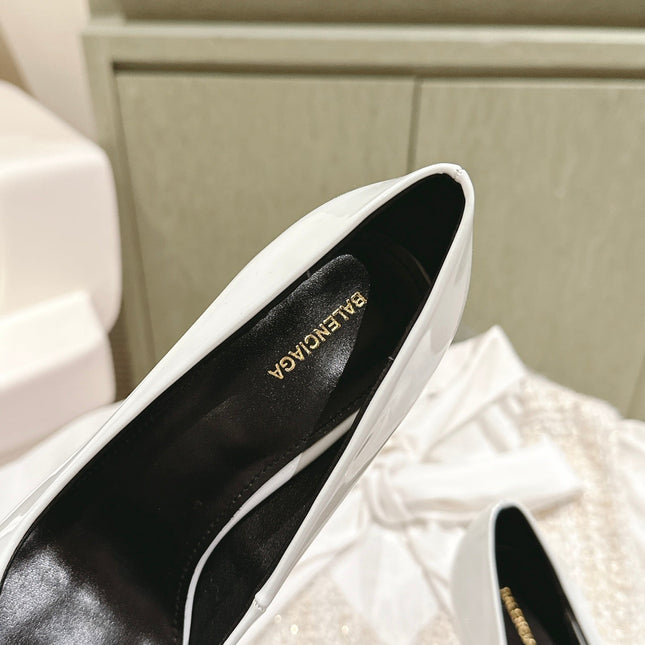 POINTED BB GOLD BUCKLE HIGH PUMPS 85MM IN WHITE PATENT CALFSKIN