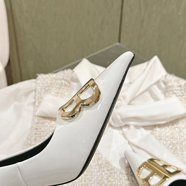 POINTED BB GOLD BUCKLE HIGH PUMPS 85MM IN WHITE PATENT CALFSKIN