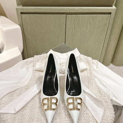 POINTED BB GOLD BUCKLE HIGH PUMPS 85MM IN WHITE PATENT CALFSKIN