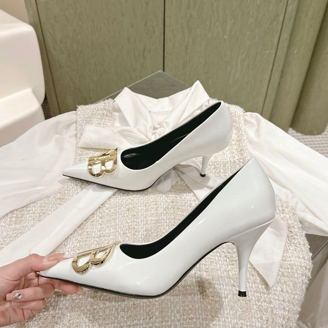 POINTED BB GOLD BUCKLE HIGH PUMPS 85MM IN WHITE PATENT CALFSKIN