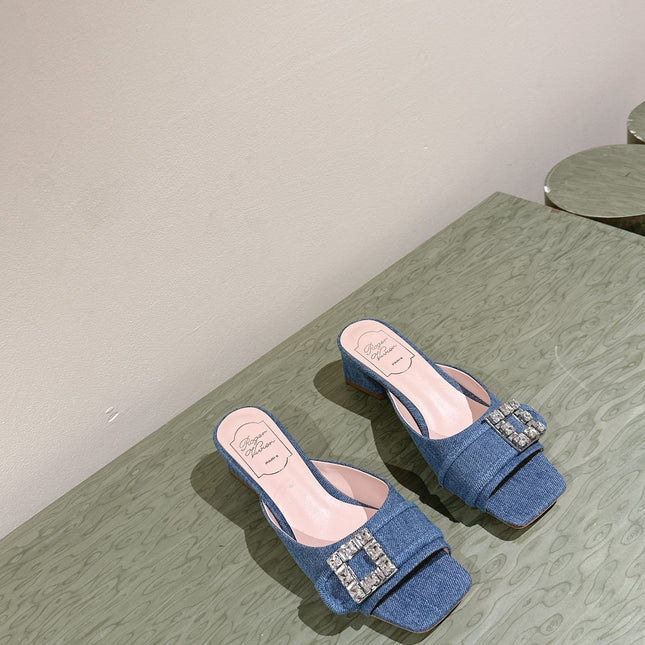 CRYSTAL HEEL MULE IN BLUE DENIM WITH EMBELLISHED BUCKLE