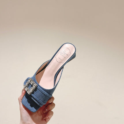 CRYSTAL HEEL MULE IN BLUE DENIM WITH EMBELLISHED BUCKLE