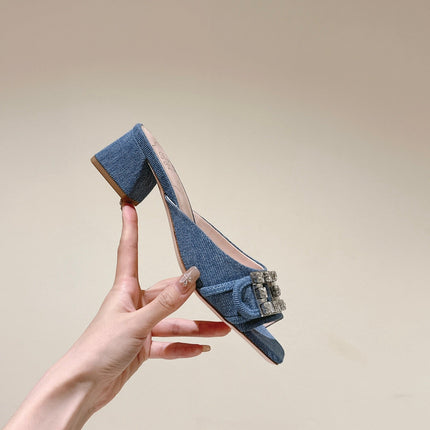 CRYSTAL HEEL MULE IN BLUE DENIM WITH EMBELLISHED BUCKLE