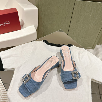 CRYSTAL HEEL MULE IN BLUE DENIM WITH EMBELLISHED BUCKLE