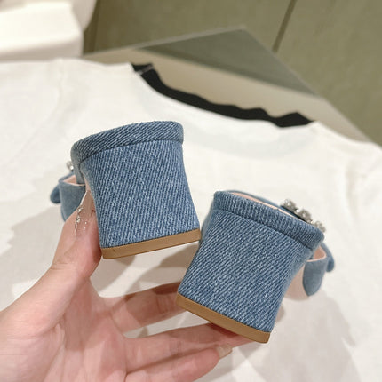 CRYSTAL HEEL MULE IN BLUE DENIM WITH EMBELLISHED BUCKLE