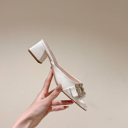 CRYSTAL HEEL MULE IN WHITE SHINY CALFSKIN WITH EMBELLISHED BUCKLE