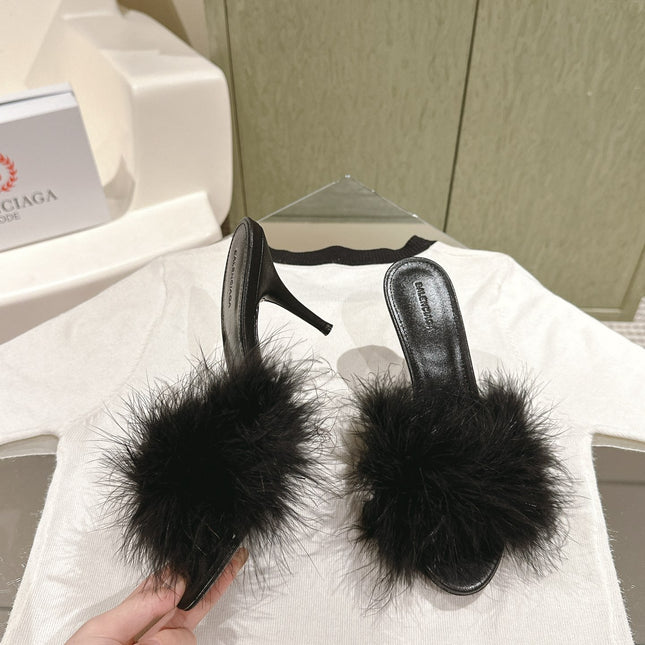 BALENCIAGA 25S HIGH-HEELED SANDALS 85 MM IN BLACK FAUX FUR AND PU