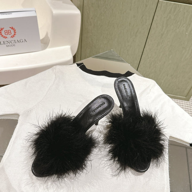 BALENCIAGA 25S HIGH-HEELED SANDALS 85 MM IN BLACK FAUX FUR AND PU