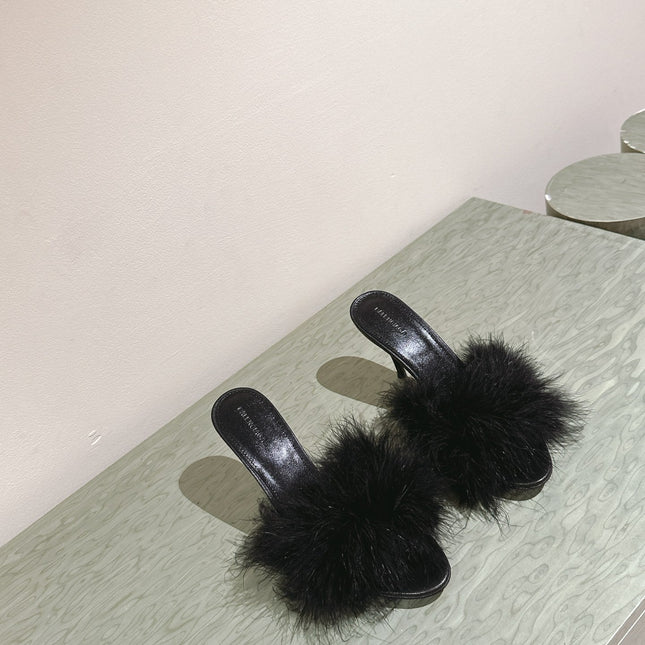 BALENCIAGA 25S HIGH-HEELED SANDALS 85 MM IN BLACK FAUX FUR AND PU