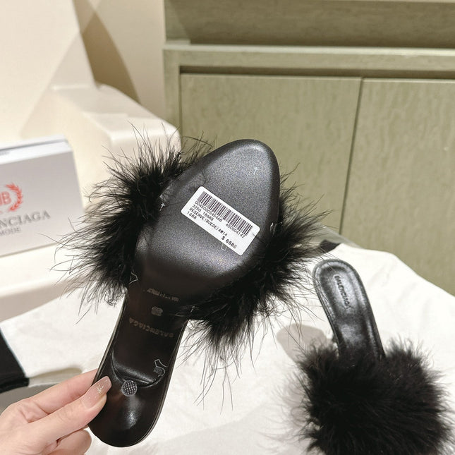 BALENCIAGA 25S HIGH-HEELED SANDALS 85 MM IN BLACK FAUX FUR AND PU