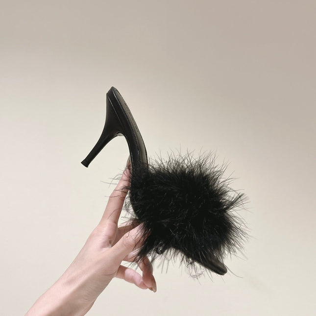 BALENCIAGA 25S HIGH-HEELED SANDALS 85 MM IN BLACK FAUX FUR AND PU