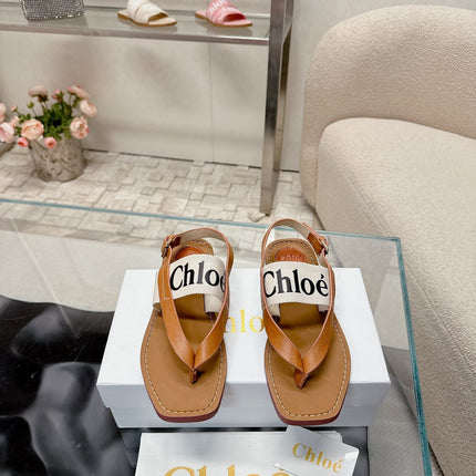 CHLOÉ THONG SANDALS IN CINNAMON BROWN CALFSKIN AND WHITE CANVAS