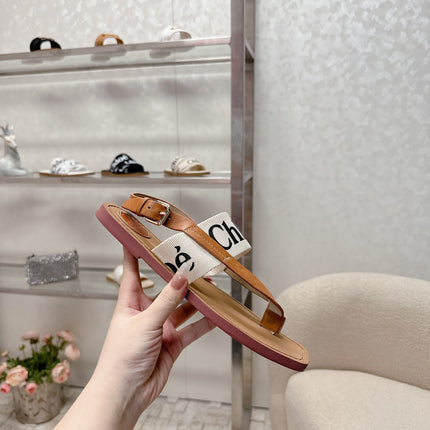 CHLOÉ THONG SANDALS IN CINNAMON BROWN CALFSKIN AND WHITE CANVAS