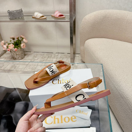 CHLOÉ THONG SANDALS IN CINNAMON BROWN CALFSKIN AND WHITE CANVAS
