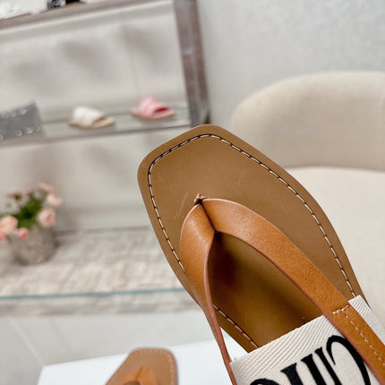 CHLOÉ THONG SANDALS IN CINNAMON BROWN CALFSKIN AND WHITE CANVAS