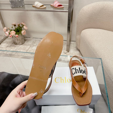 CHLOÉ THONG SANDALS IN CINNAMON BROWN CALFSKIN AND WHITE CANVAS