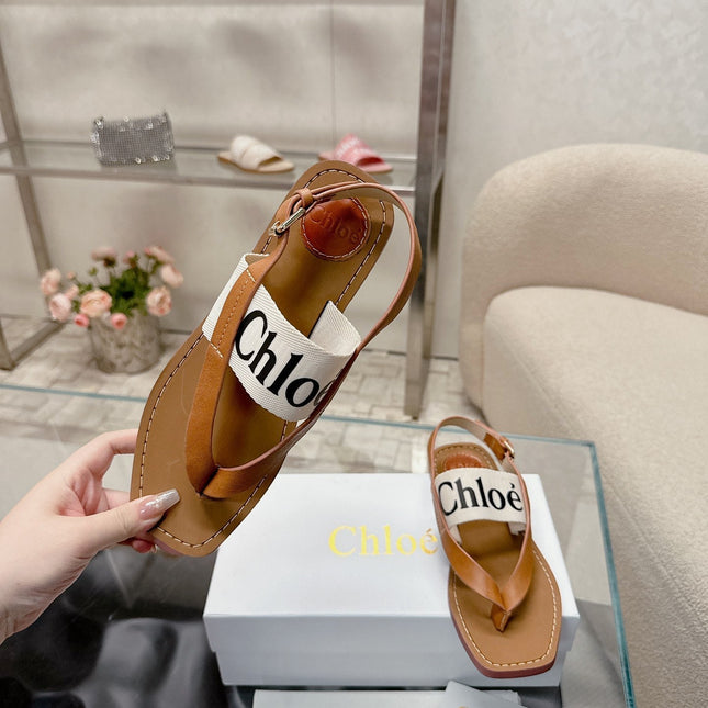 CHLOÉ THONG SANDALS IN CINNAMON BROWN CALFSKIN AND WHITE CANVAS