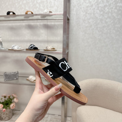 CHLOÉ THONG SANDALS IN BLACK CALFSKIN AND CANVAS